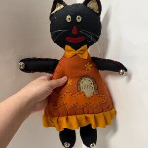 Halloween Primitive Black Cat RIP Rag Cloth Fabric Doll Jingle Bells